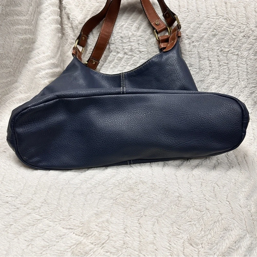 Merona Dark Blue Tan Brown Faux Leather Shoulder Bag Purse Handbag Classic